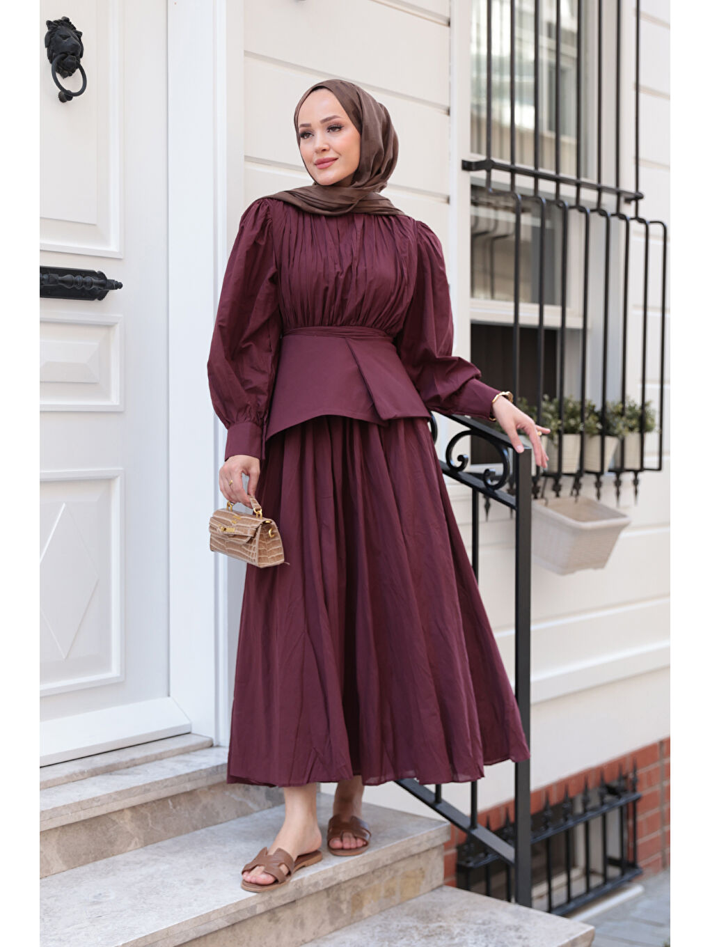 Kadın Kuşaklı Kraş Elbise Bordo-1