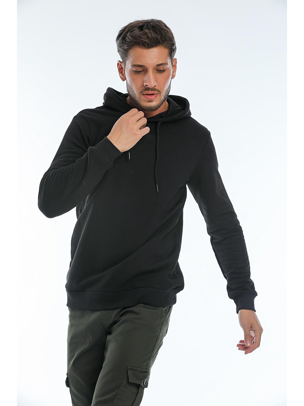 Siyah Kapüşonlu Basic Geniş Kesim Erkek İçi Polarlı Sweatshirt-1