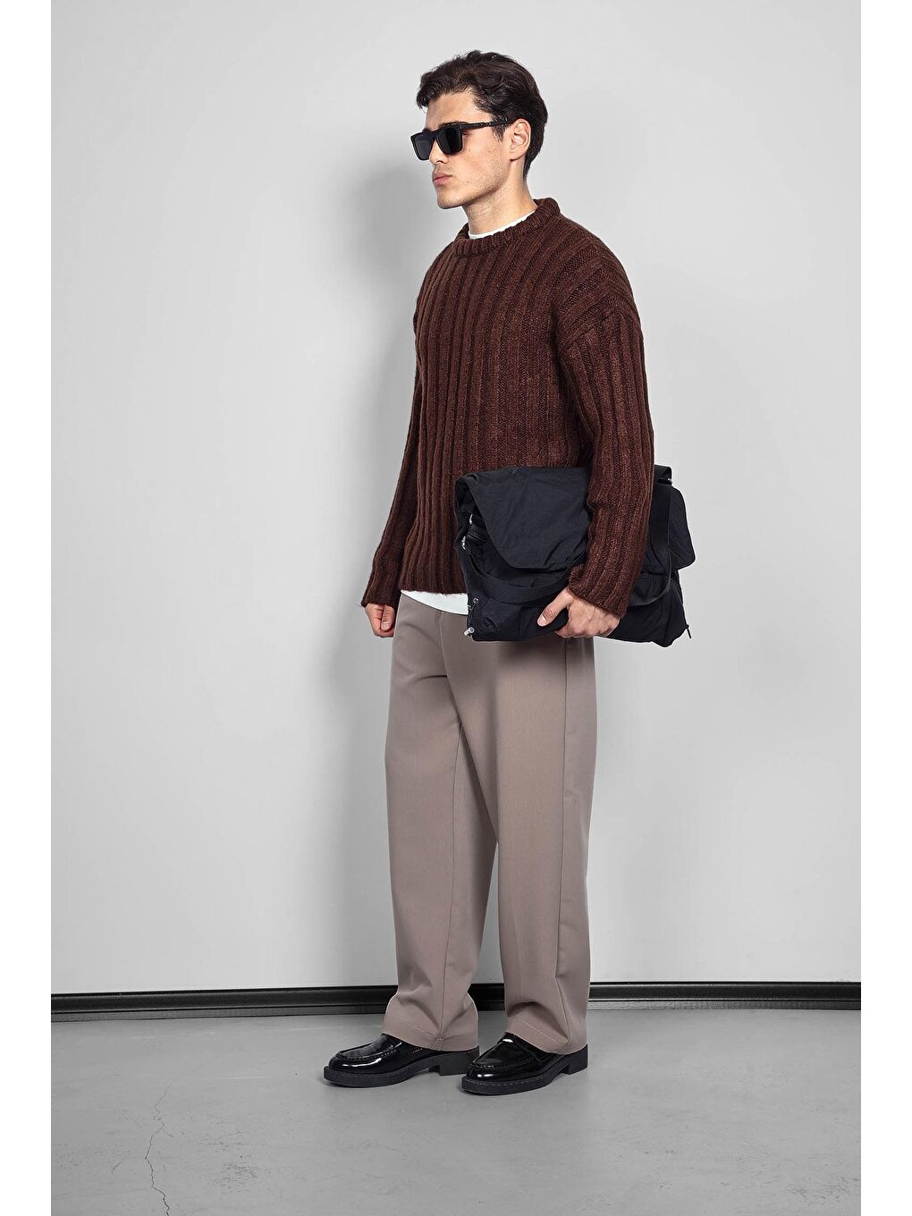 Kahverengi Erkek Oversize Kalın Fitilli Triko Kazak Kahve-9