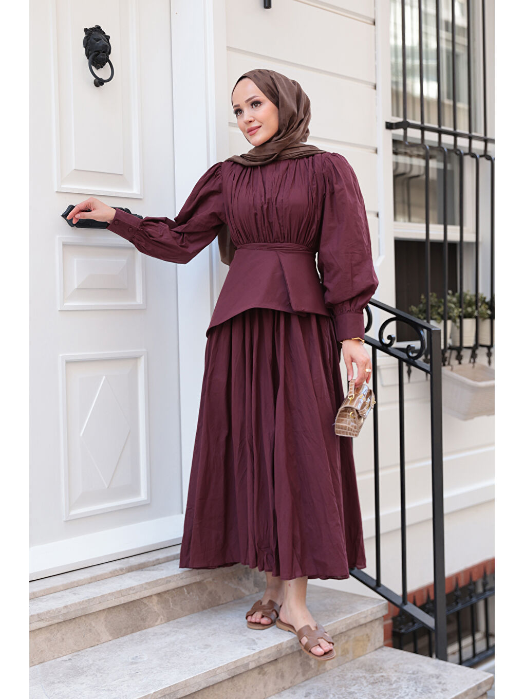 Kadın Kuşaklı Kraş Elbise Bordo-2