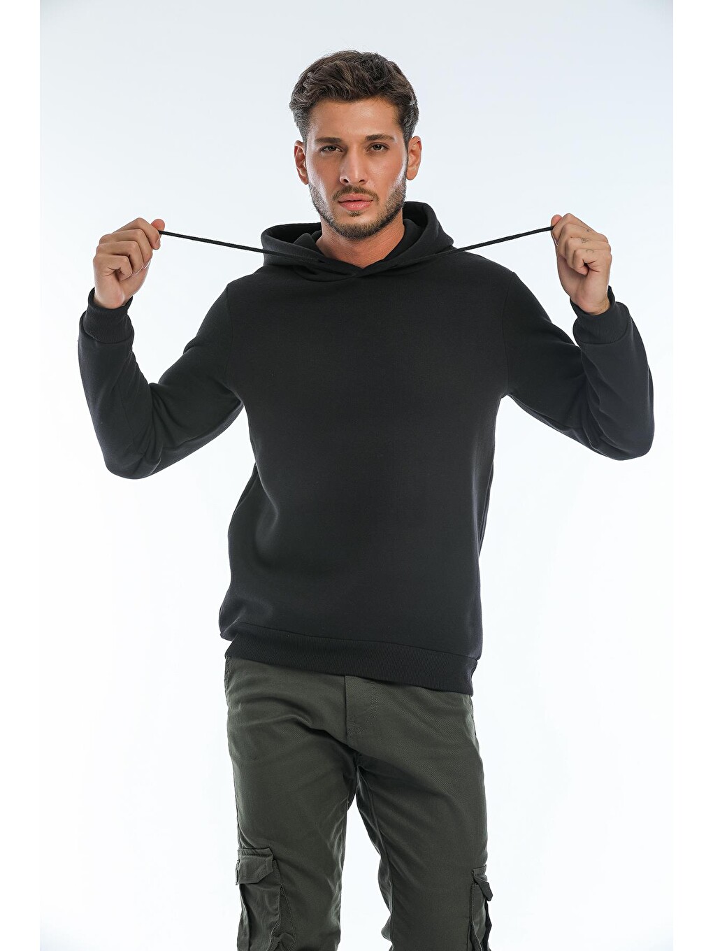 Siyah Kapüşonlu Basic Geniş Kesim Erkek İçi Polarlı Sweatshirt-2