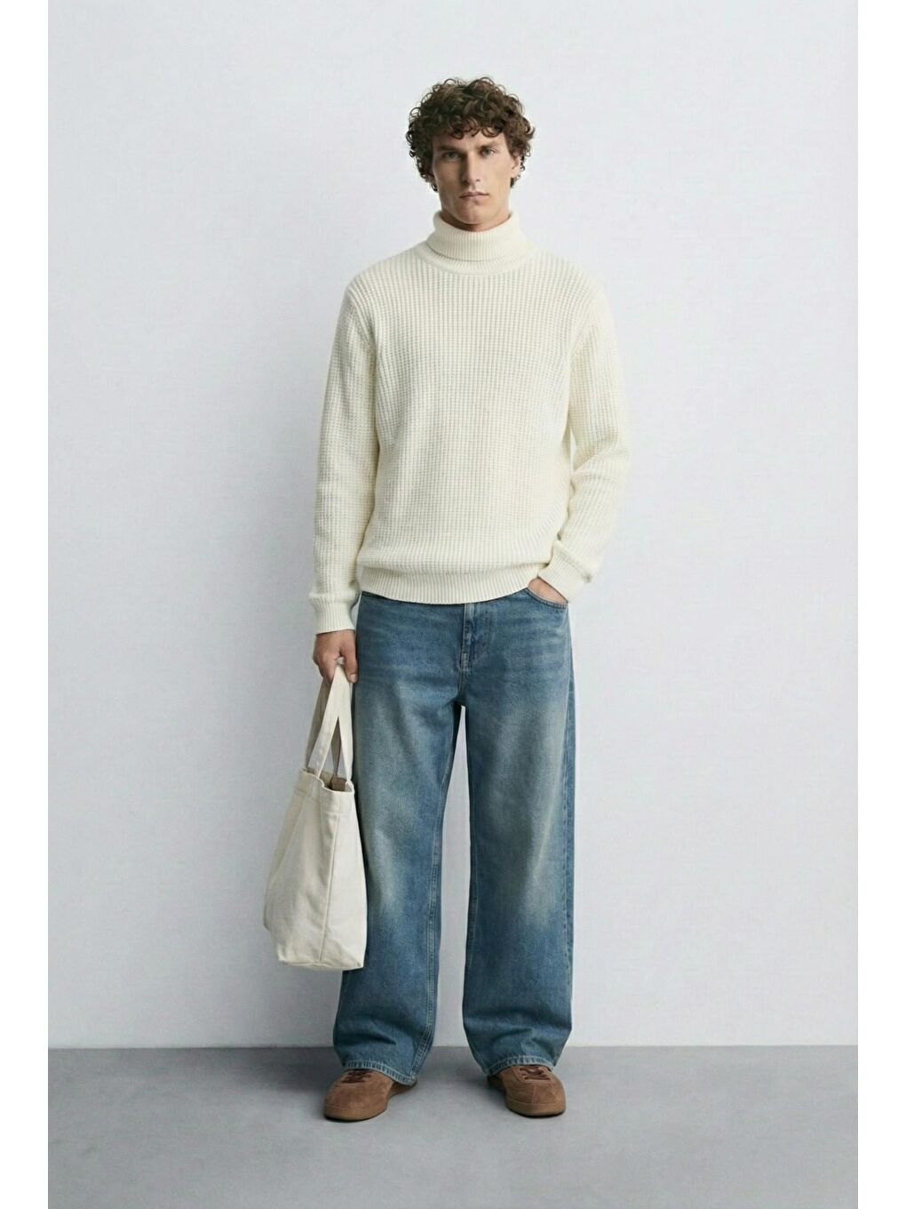 Erkek Oversize Balıkçı Yaka Boğazlı Kazak Ekru-1