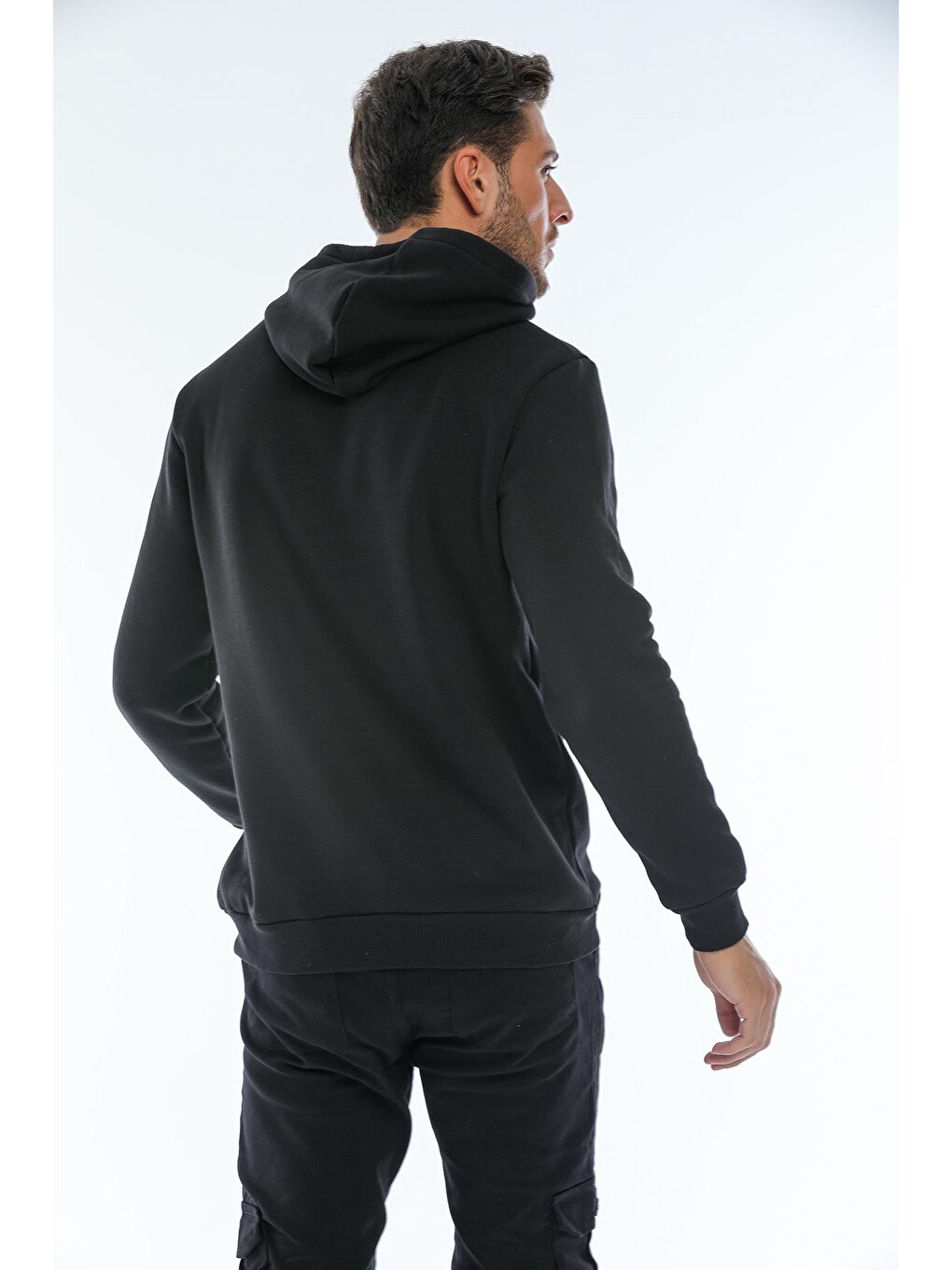 Siyah Kapüşonlu Basic Geniş Kesim Erkek İçi Polarlı Sweatshirt-3