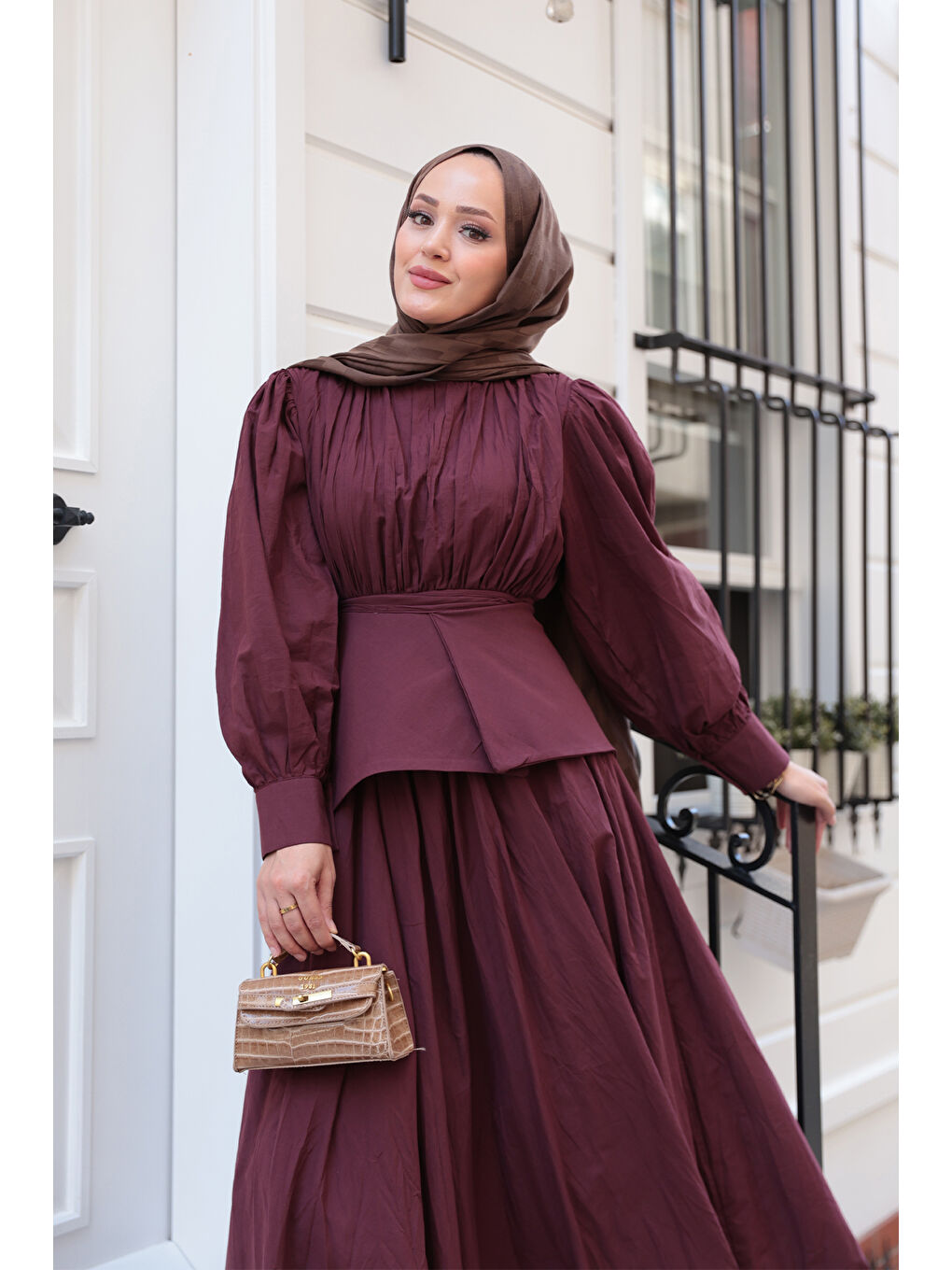 Kadın Kuşaklı Kraş Elbise Bordo-3