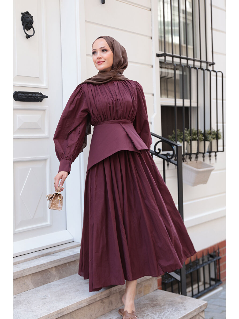 Kadın Kuşaklı Kraş Elbise Bordo-4