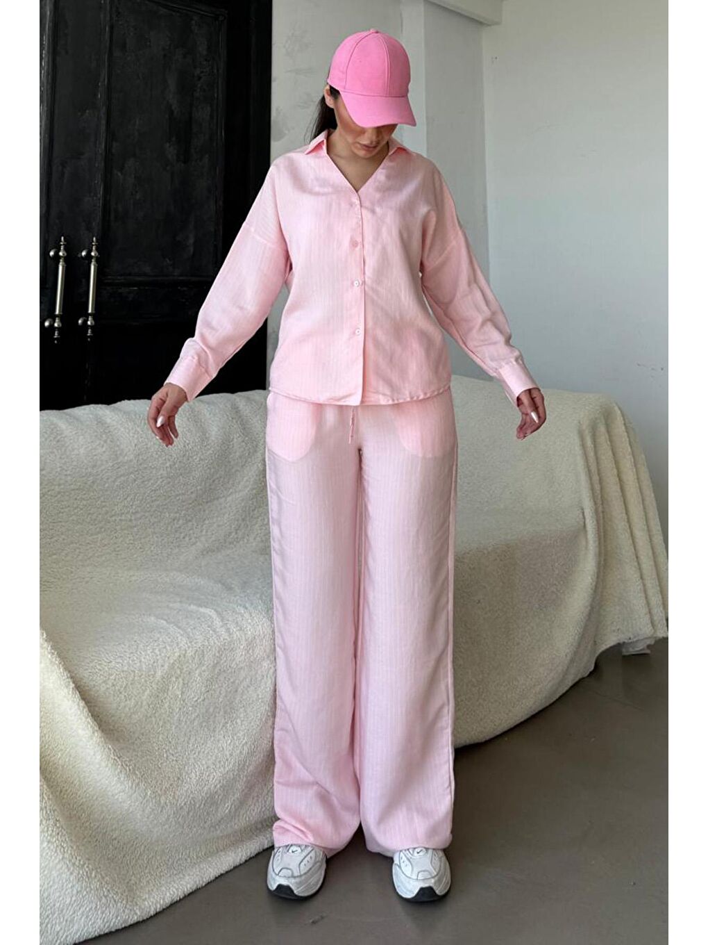 Pembe Uzun Kollu Çizgili Gömlek Pantolon İkili Takım Mg2329-1