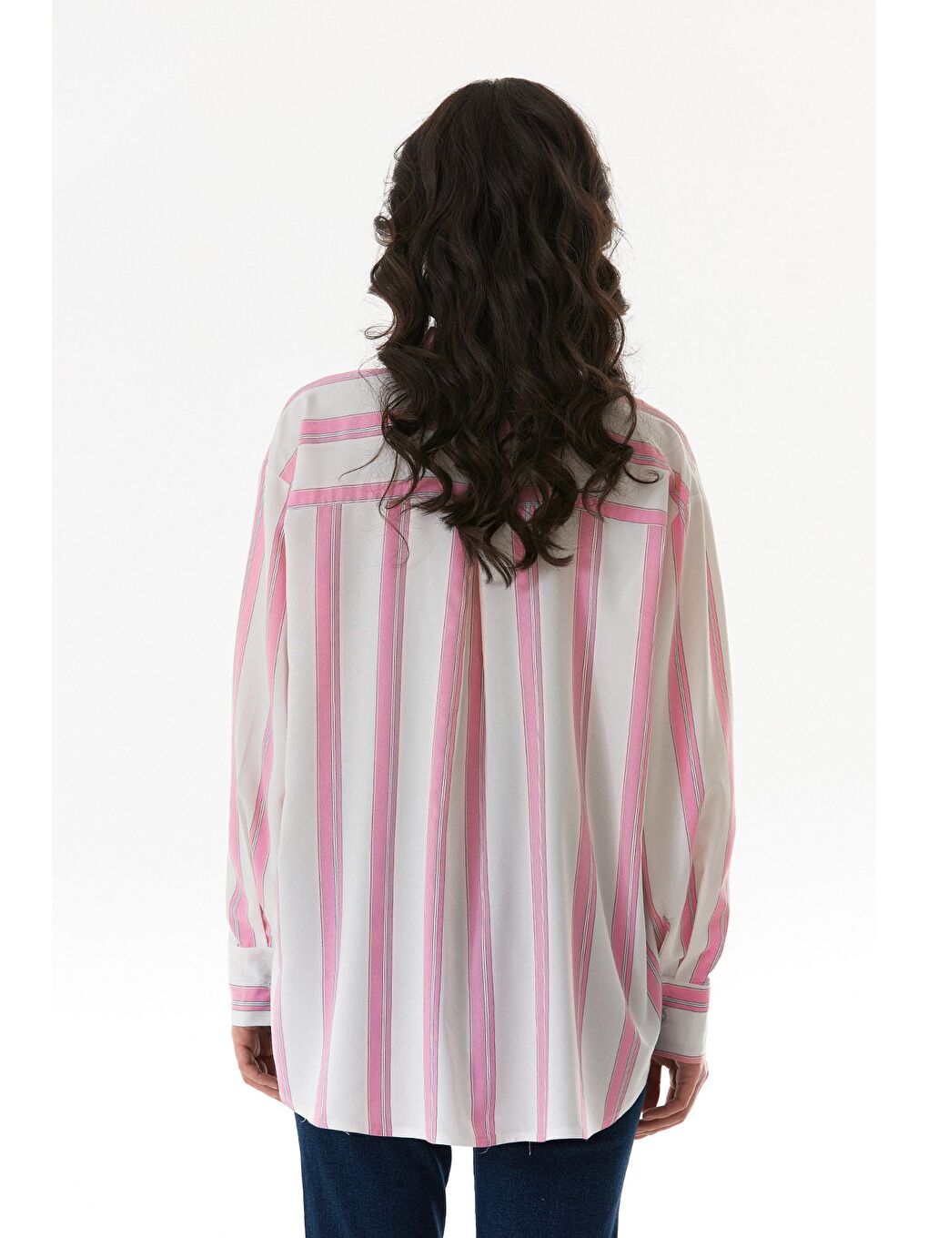 Pembe Çizgili Tek Cepli Arkası Uzun Salaş Gömlek-2