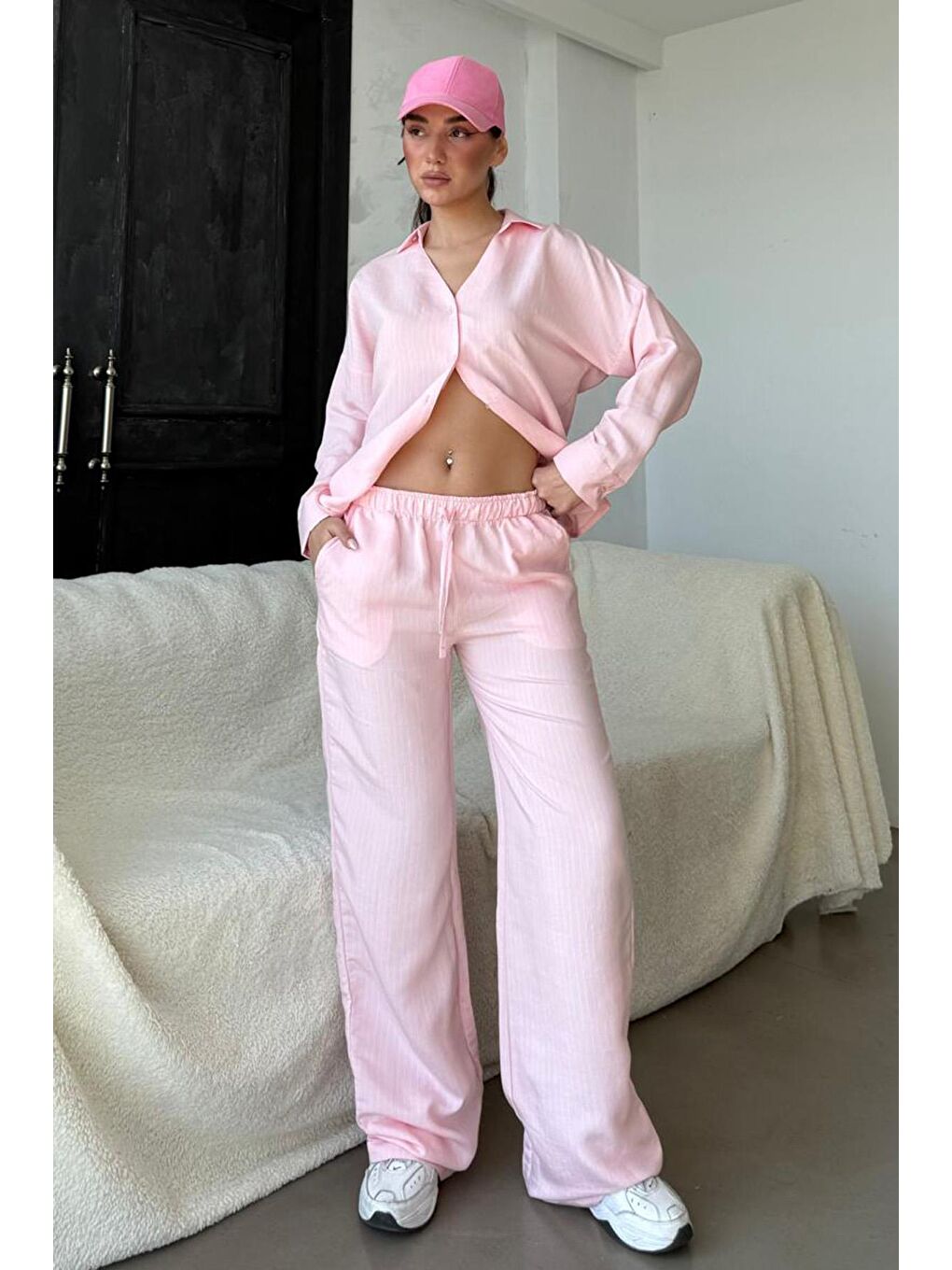 Pembe Uzun Kollu Çizgili Gömlek Pantolon İkili Takım Mg2329-2