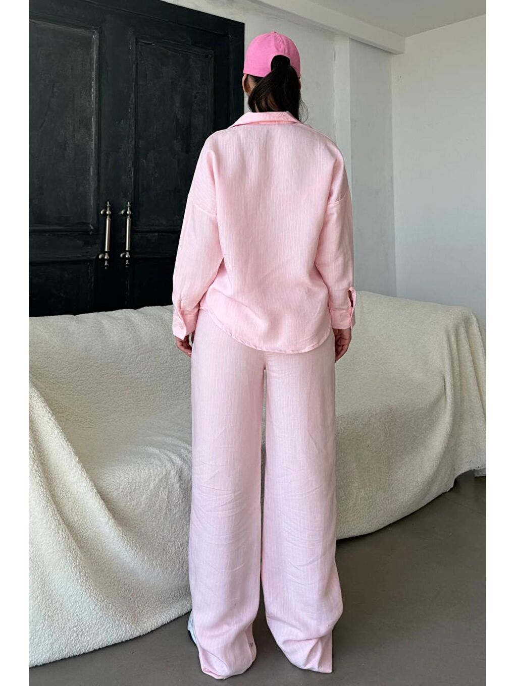Pembe Uzun Kollu Çizgili Gömlek Pantolon İkili Takım Mg2329-3