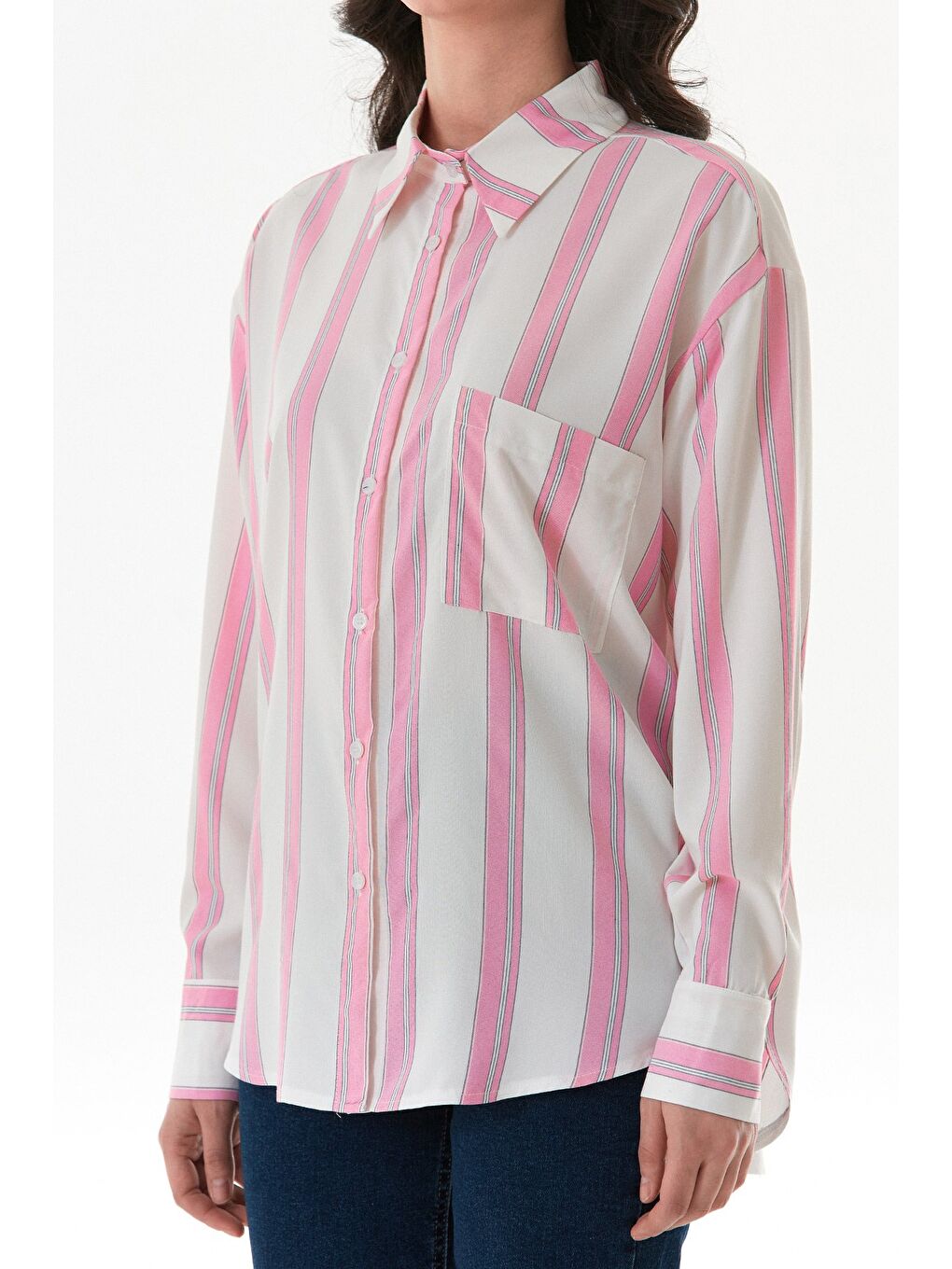 Pembe Çizgili Tek Cepli Arkası Uzun Salaş Gömlek-4