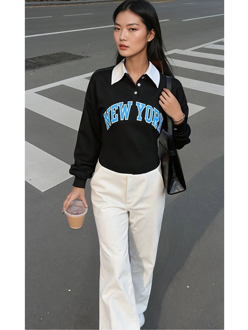 New York Baskılı Polo Yaka Siyah Sweatshirt-2