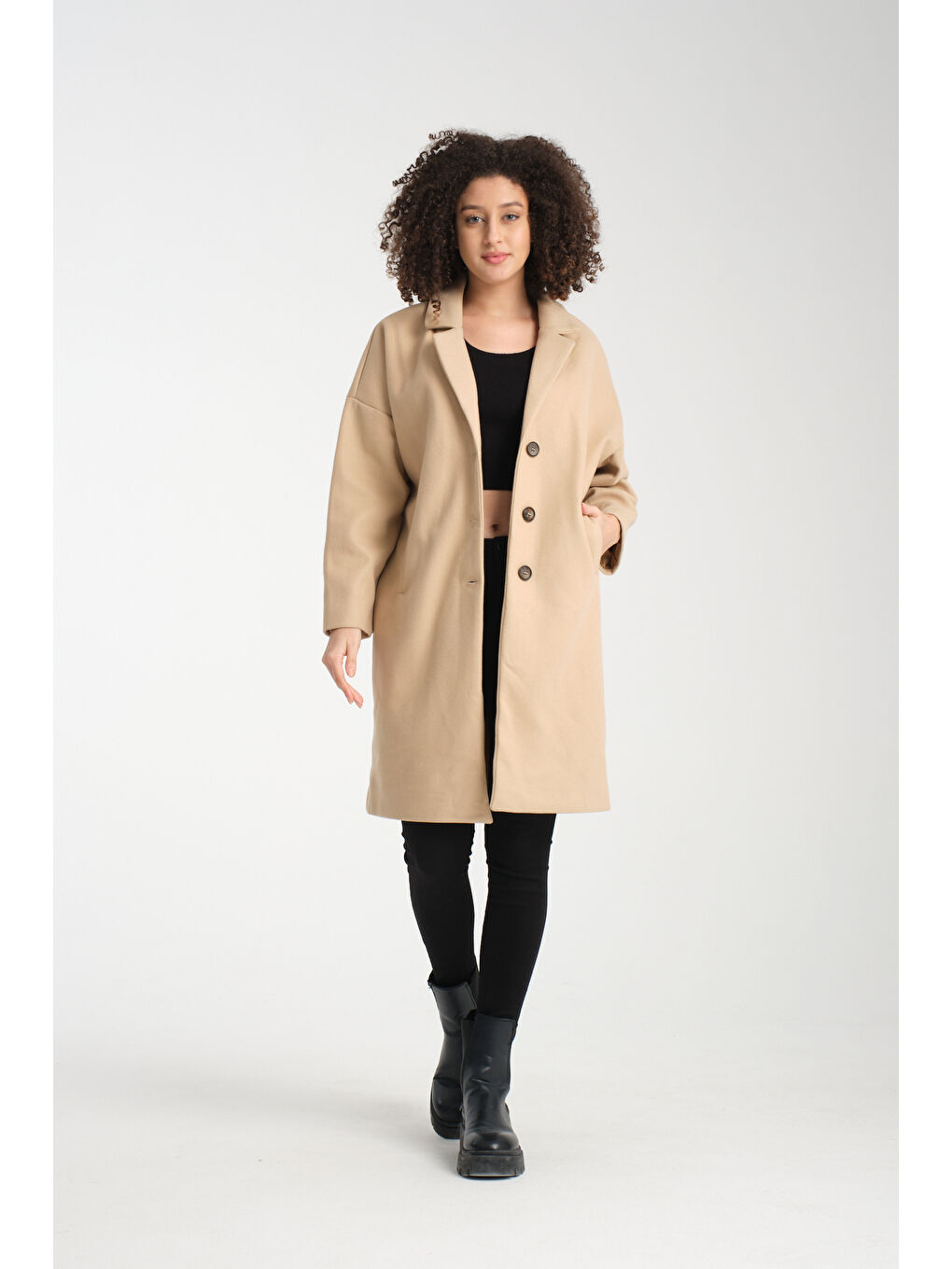 Ekru Kadın Kaşe Kaban K-39-1