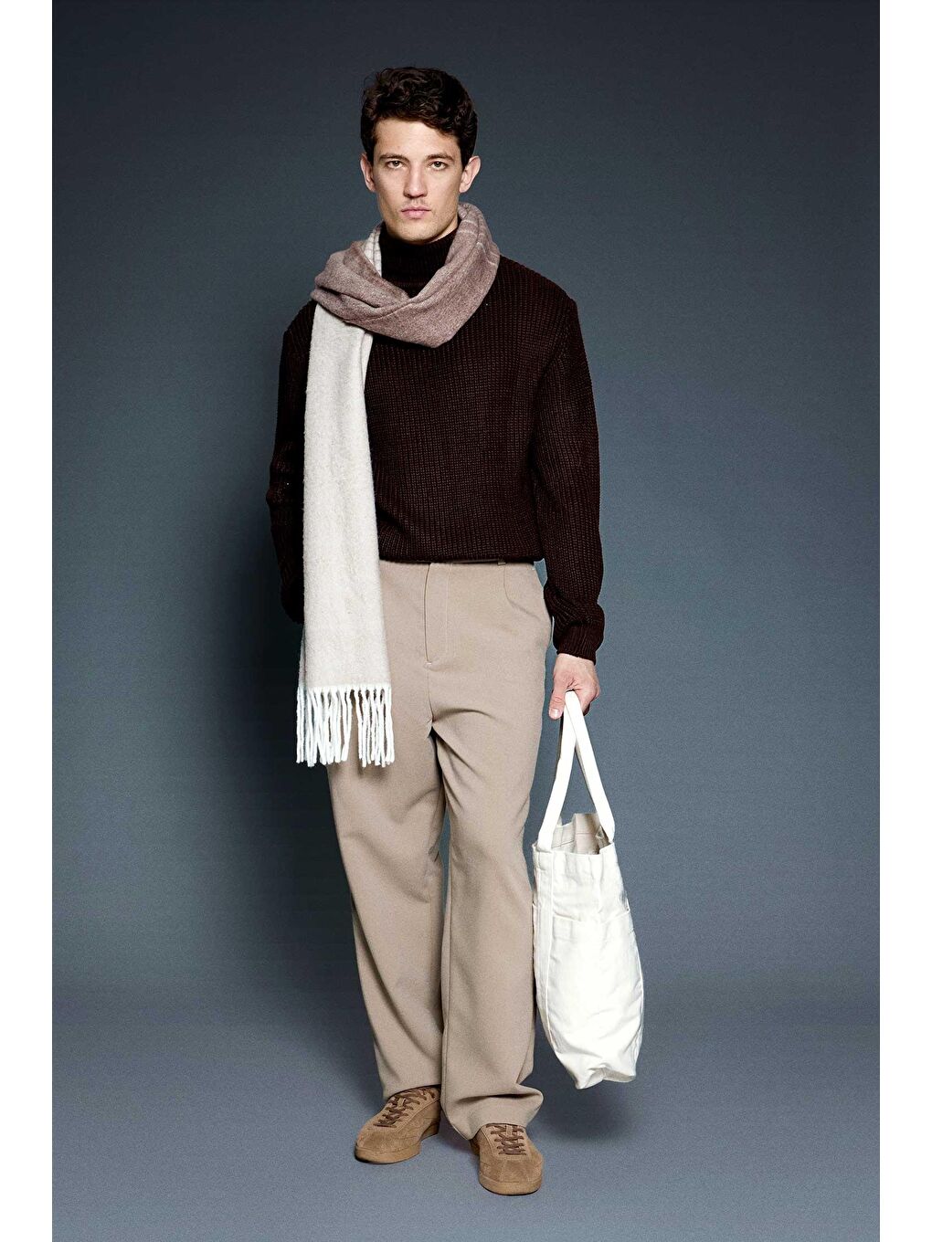 Erkek Oversize Balıkçı Yaka Boğazlı Kazak Kahverengi