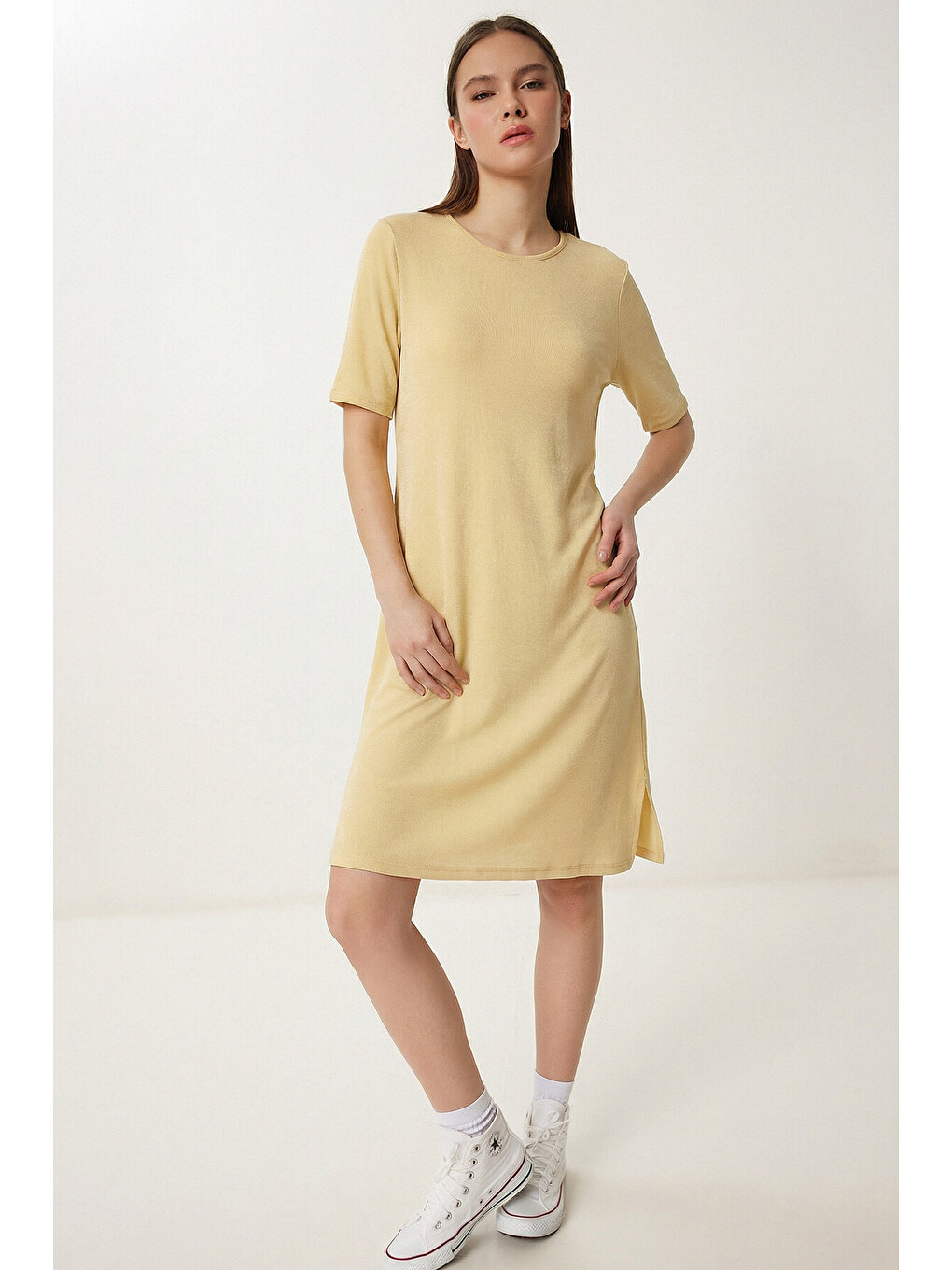 Sarı Basic Uzun Örme T-shirt SARI LEX0022-1