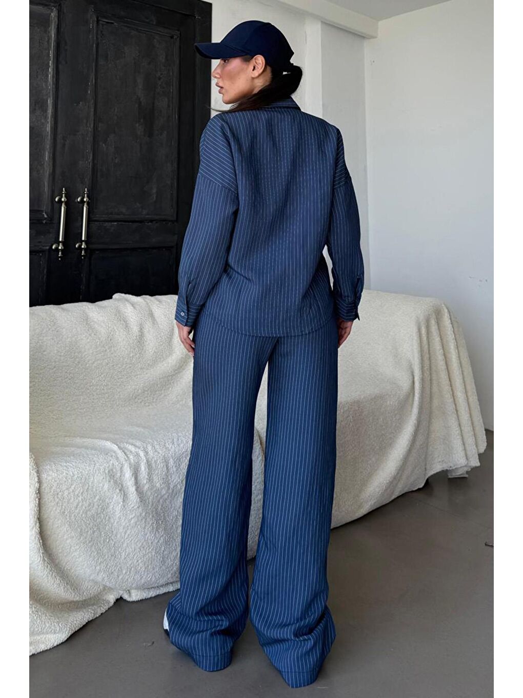 Lacivert Uzun Kollu Çizgili Gömlek Pantolon İkili Takım Mg2329-1