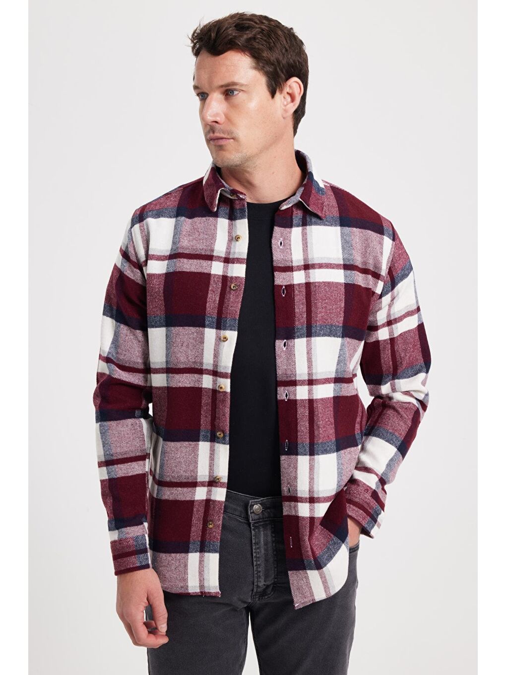Bordo Erkek Slim Fit Dar Kesim Kareli Kışlık Oduncu Gömlek
