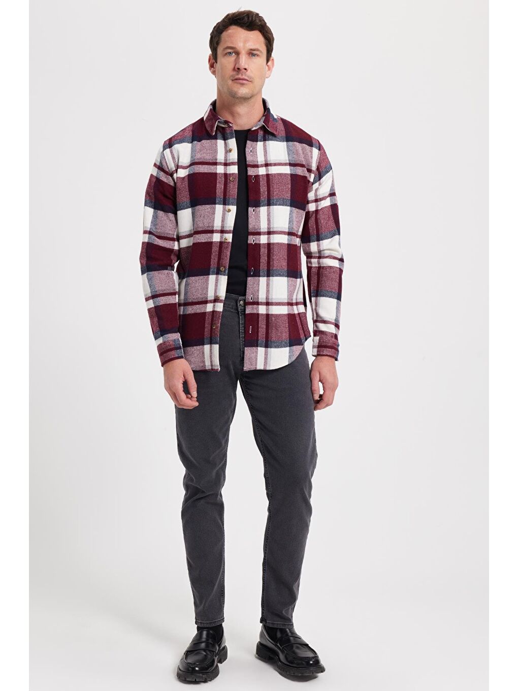 Bordo Erkek Slim Fit Dar Kesim Kareli Kışlık Oduncu Gömlek-1