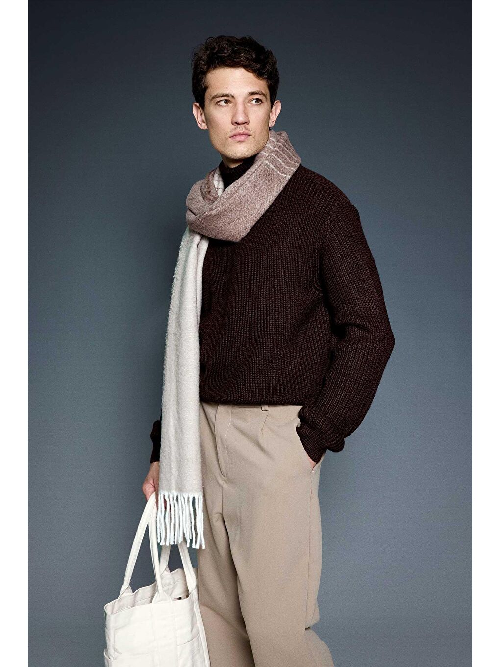 Erkek Oversize Balıkçı Yaka Boğazlı Kazak Kahverengi-1