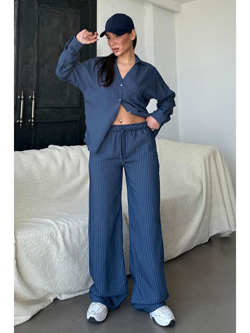 Lacivert Uzun Kollu Çizgili Gömlek Pantolon İkili Takım Mg2329-3