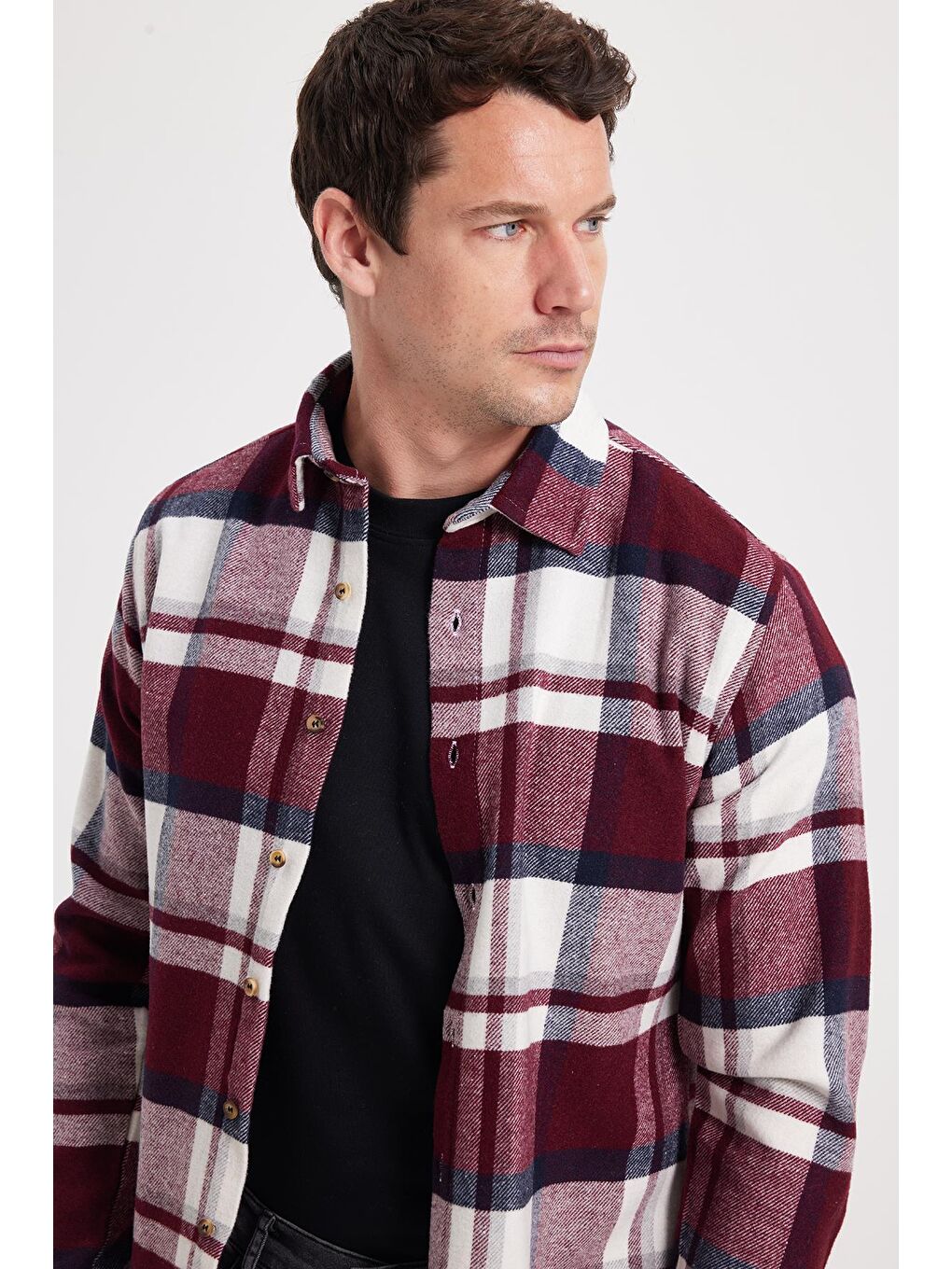 Bordo Erkek Slim Fit Dar Kesim Kareli Kışlık Oduncu Gömlek-2