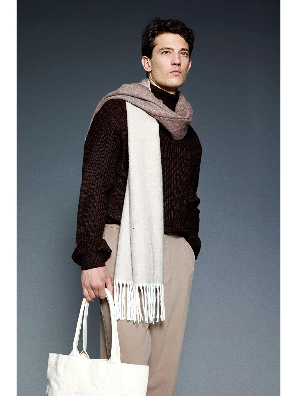 Erkek Oversize Balıkçı Yaka Boğazlı Kazak Kahverengi-2