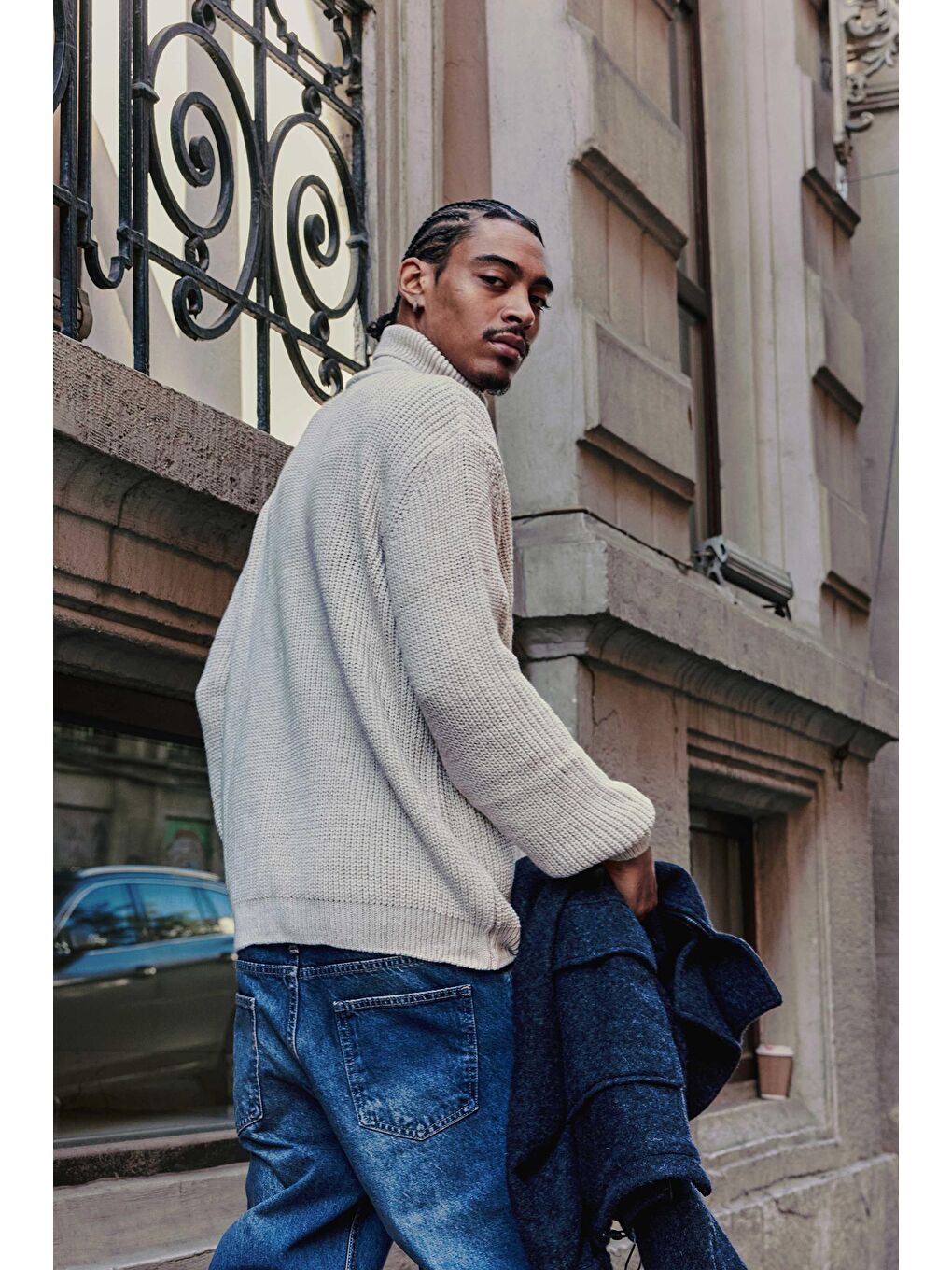 Erkek Oversize Balıkçı Yaka Boğazlı Kazak Bej-4