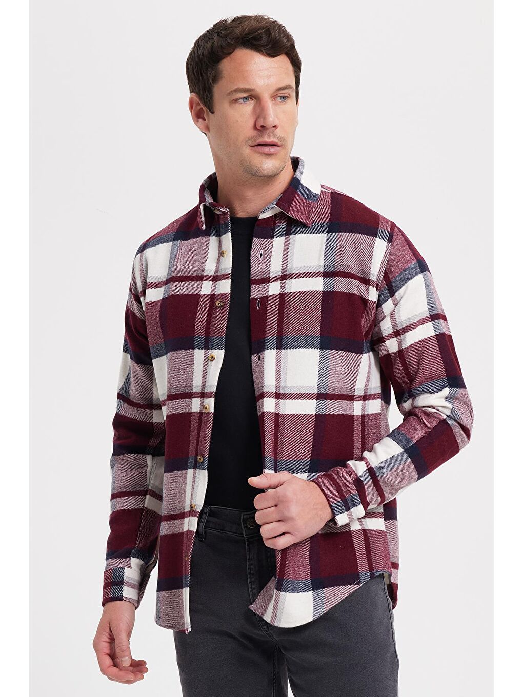 Bordo Erkek Slim Fit Dar Kesim Kareli Kışlık Oduncu Gömlek-6