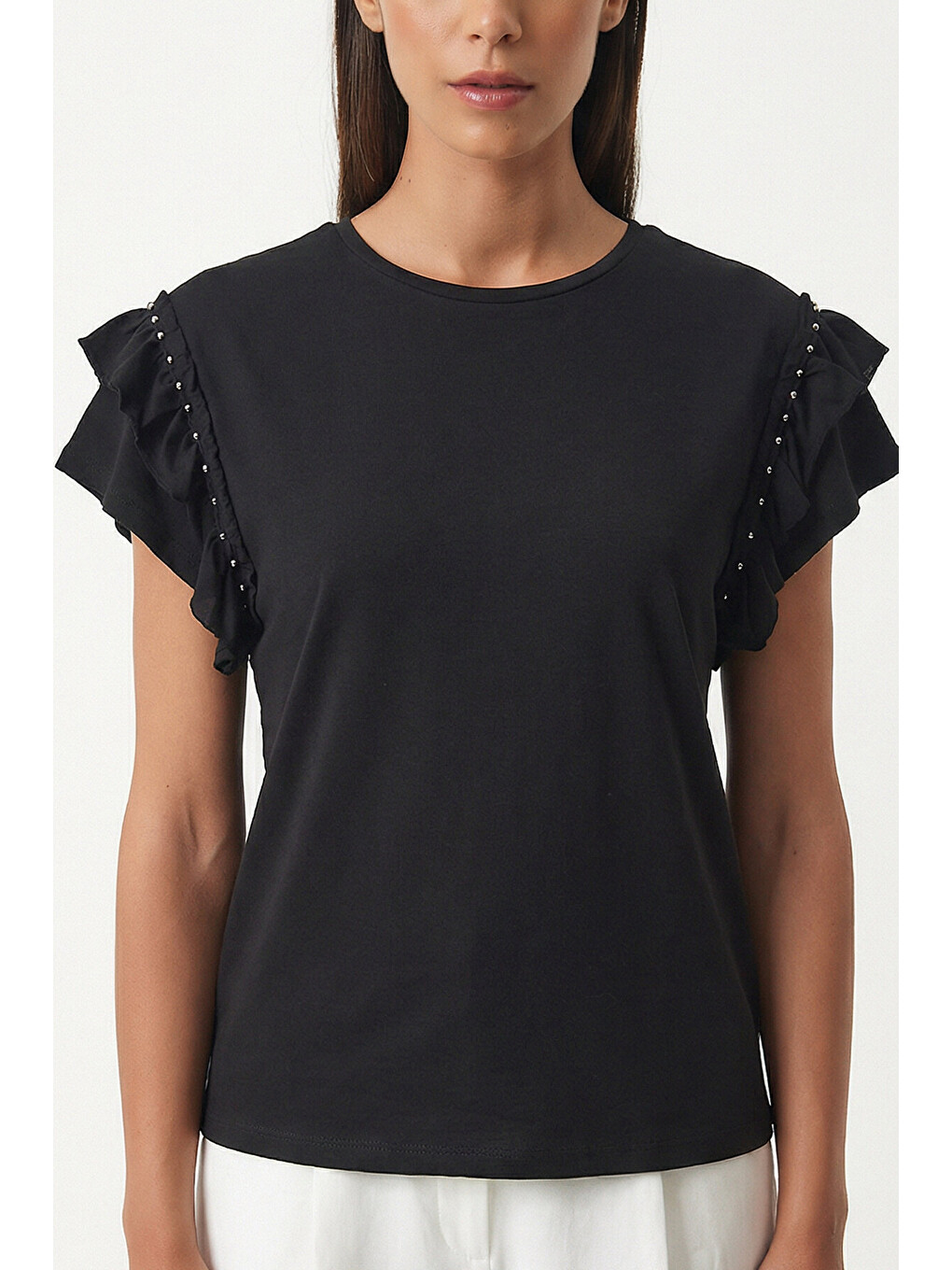 Siyah Volanlı Boncuk Detaylı Örme T-shirt SİYAH LEX0009-2