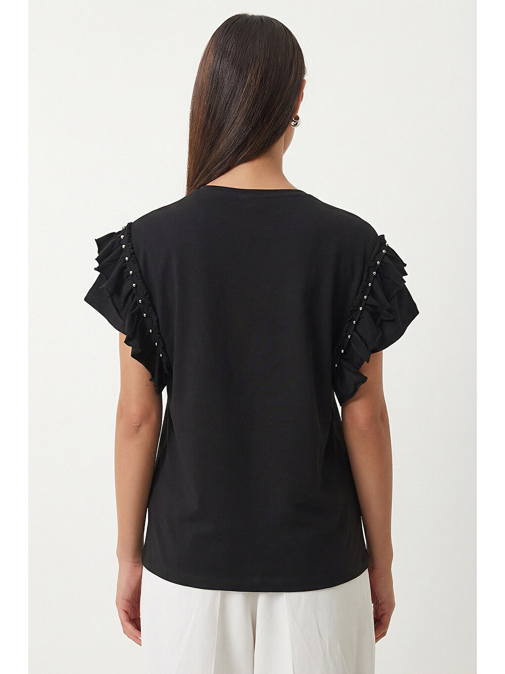 Siyah Volanlı Boncuk Detaylı Örme T-shirt SİYAH LEX0009-4