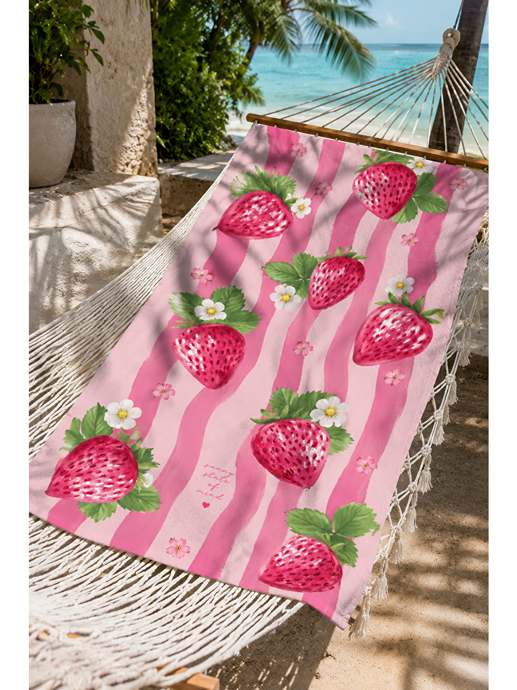Mor Çilek Ve Pembe Şerit Desenli 70x150 Plaj Havlusu-5