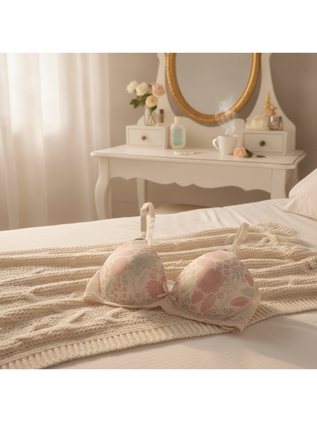 Ekru Kadın Dantelli Çiçek Desenli Emzirme Sütyeni Bb2735-2