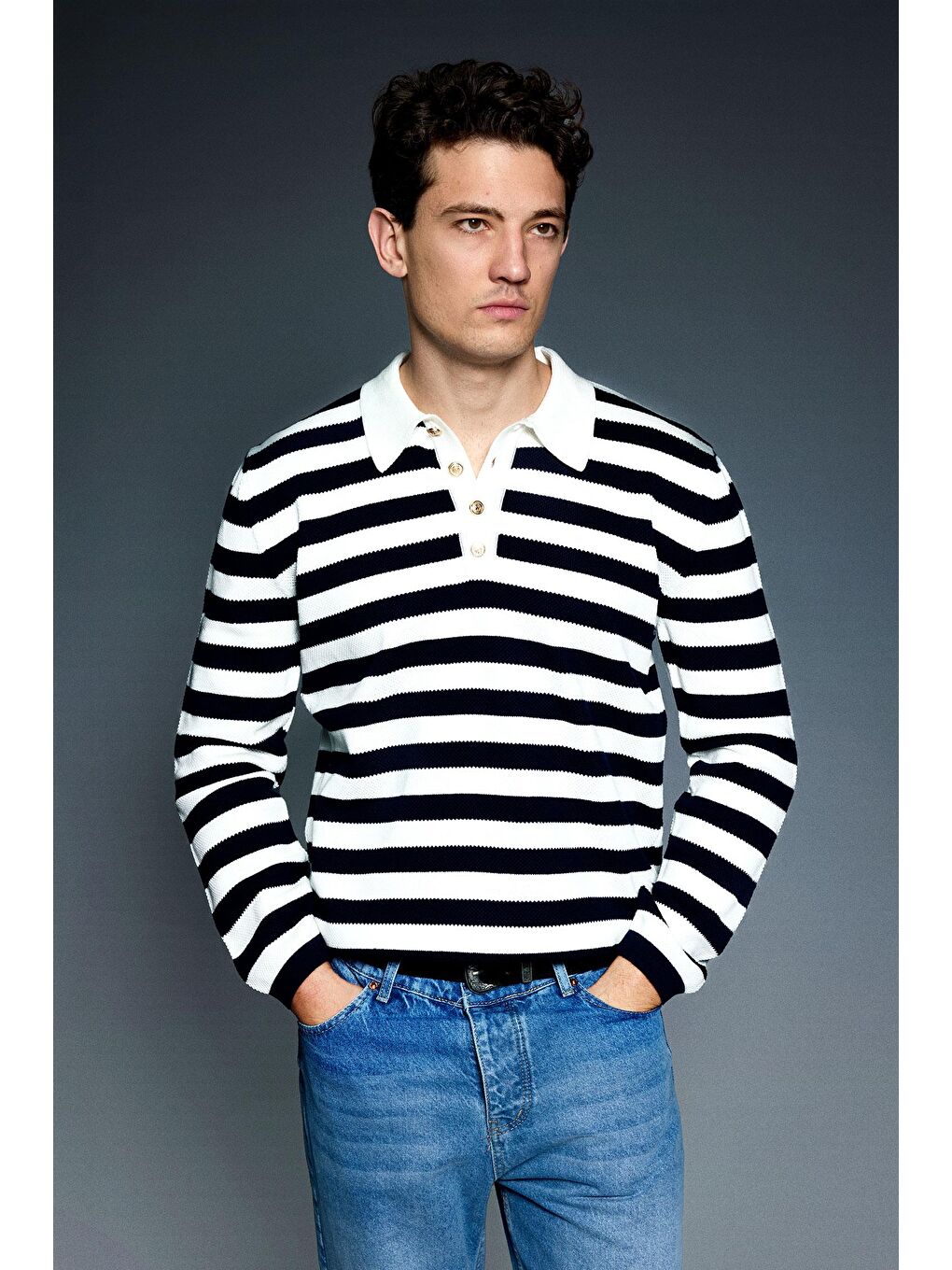 Erkek Slim Fit Polo Yaka Düğmeli Çizgili Kazak Lacivert-1