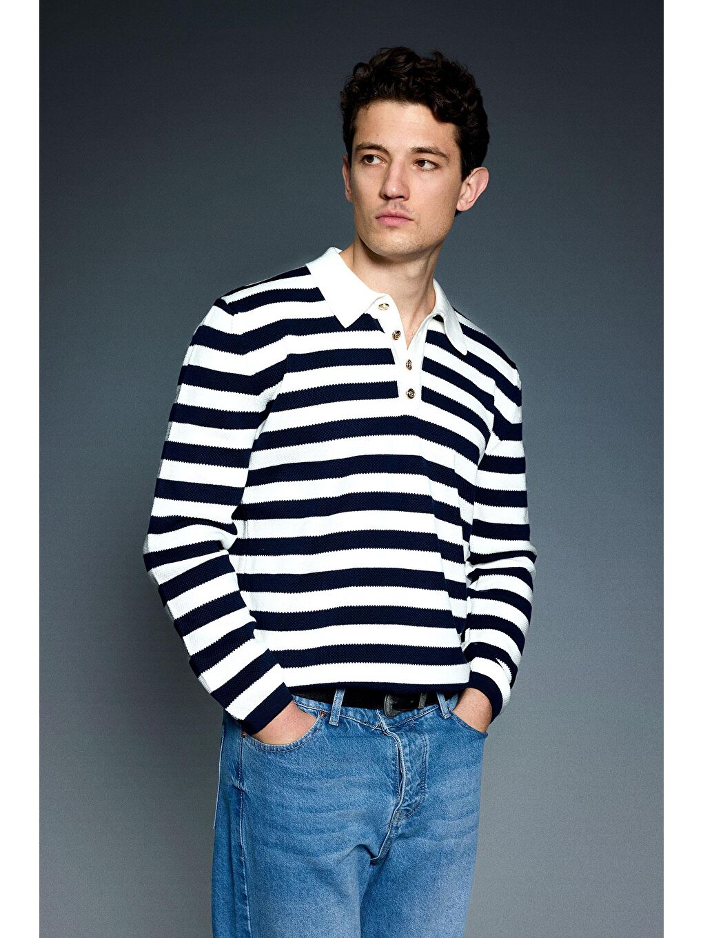 Erkek Slim Fit Polo Yaka Düğmeli Çizgili Kazak Lacivert-2