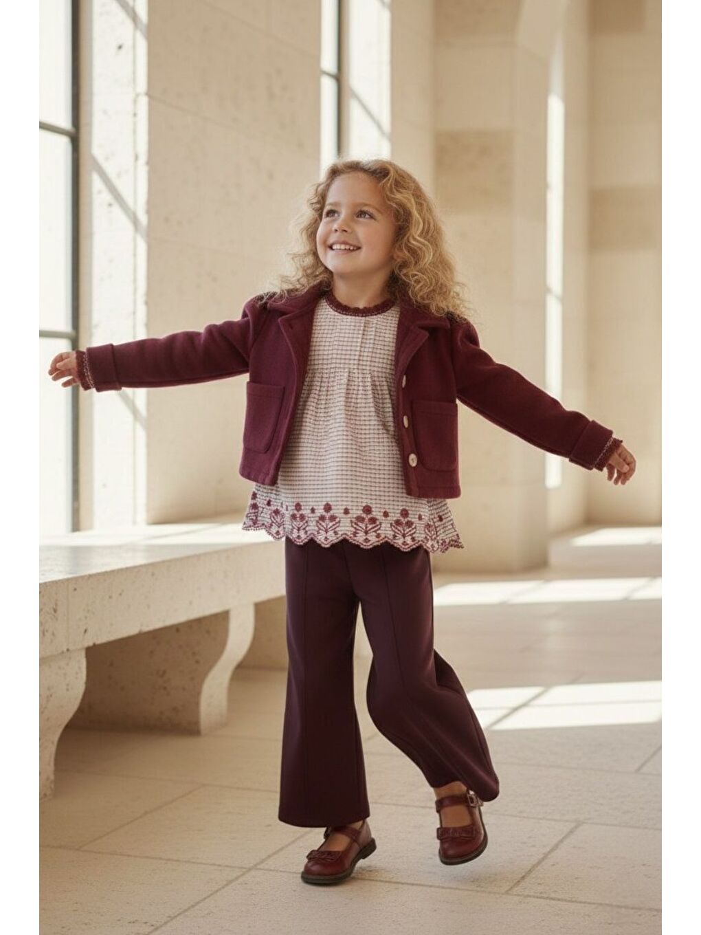 Bordo Kız Çocuk Kaşe Ceketli Takım M00799-1