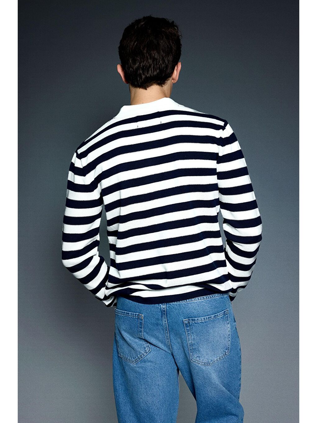 Erkek Slim Fit Polo Yaka Düğmeli Çizgili Kazak Lacivert-3