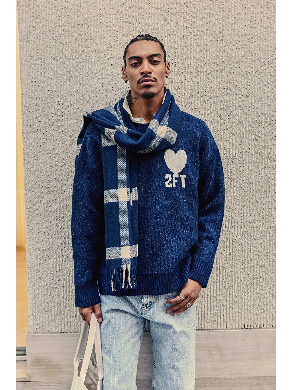 Erkek Desenli Oversize Triko Kazak Lacivert