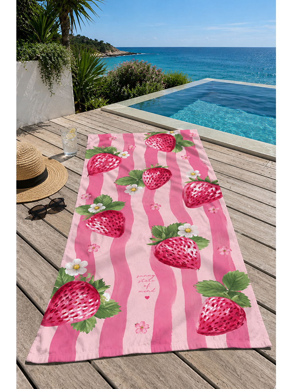 Mor Çilek Ve Pembe Şerit Desenli 70x150 Plaj Havlusu-6