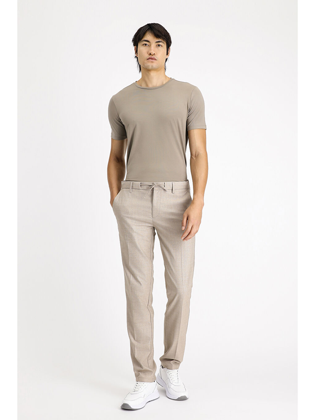 Kahverengi Slim Fit Dar Kesim Desenli Beli Lastikli İpli Elastanlı Klasik Kumaş Pantolon-1