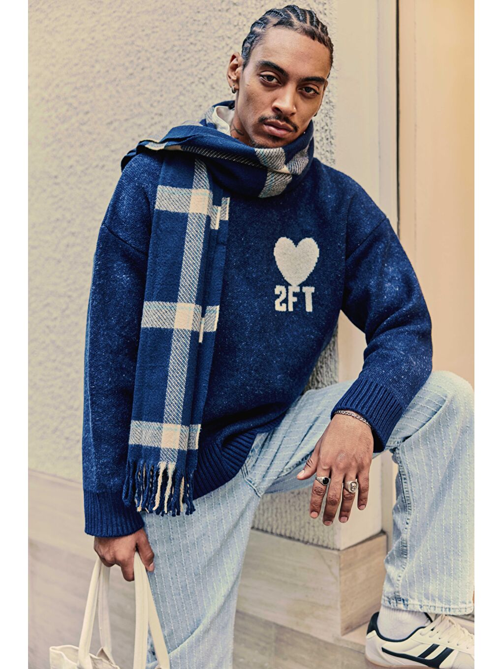 Erkek Desenli Oversize Triko Kazak Lacivert-1