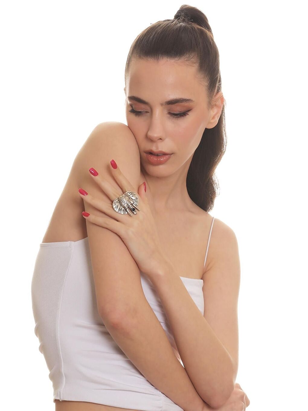 Gri Kadın Antik Gümüş Kaplama Renkli Mineli Fil Figürlü Ayarlanabilir Şans Yüzük-3