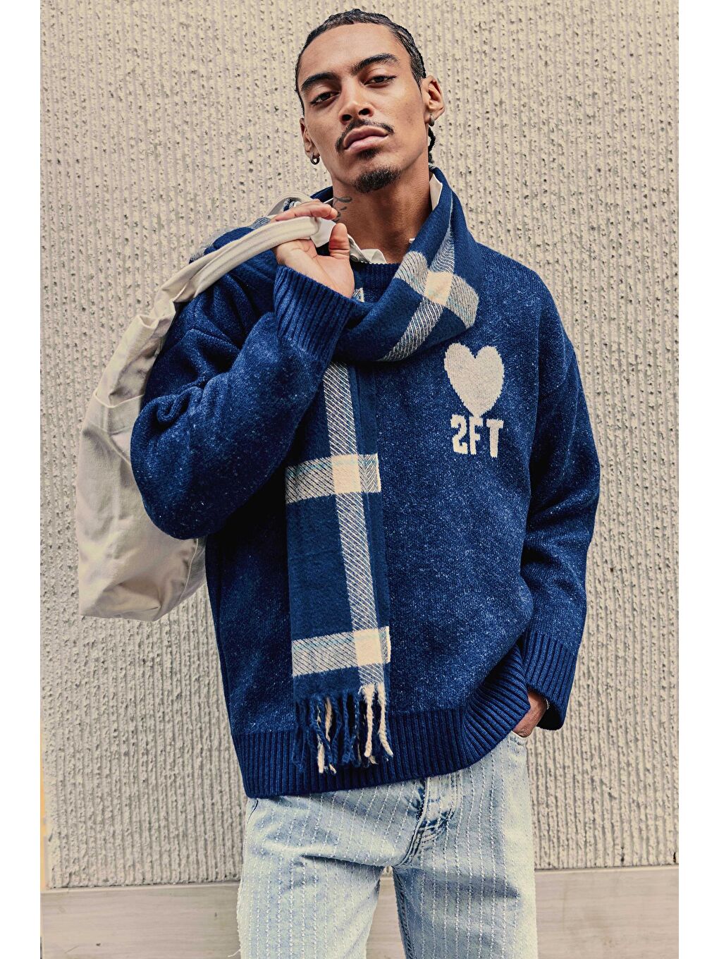 Erkek Desenli Oversize Triko Kazak Lacivert-2