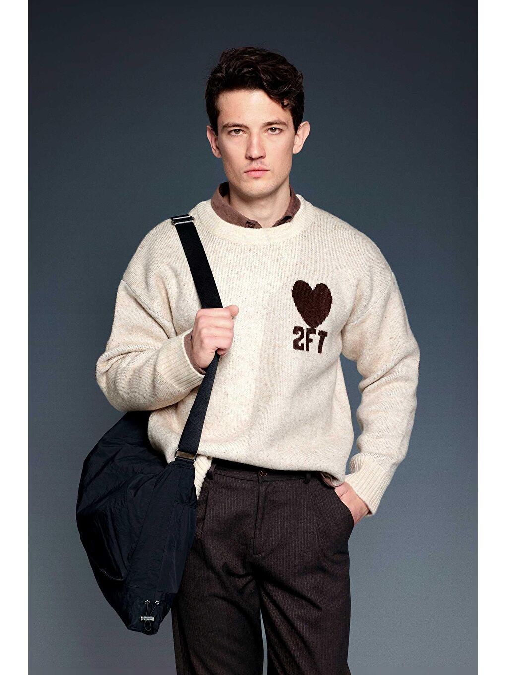 Erkek Desenli Oversize Triko Kazak Bej