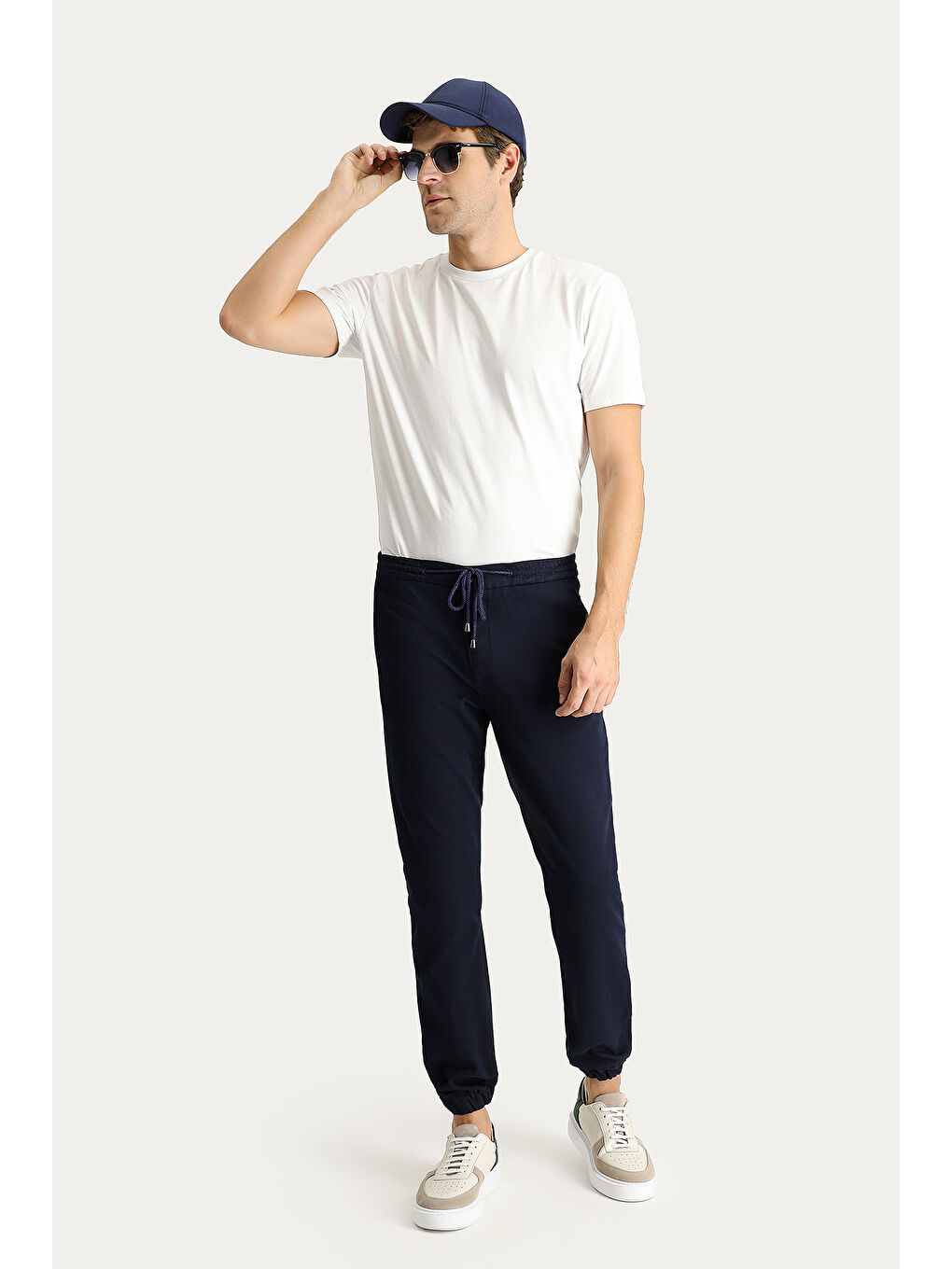 Lacivert Slim Fit Dar Kesim Beli Lastikli İpli Elastanlı Pantolon