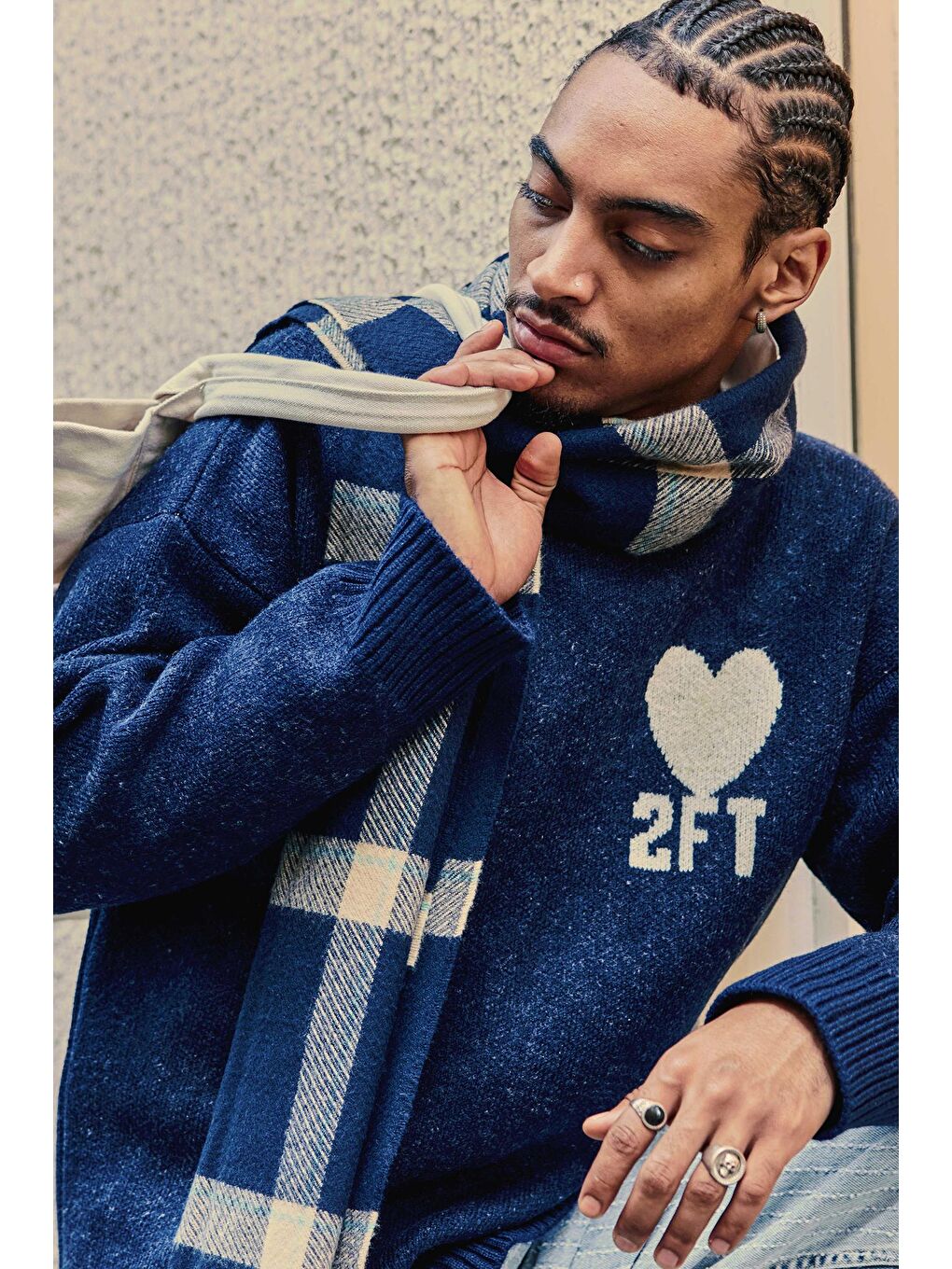 Erkek Desenli Oversize Triko Kazak Lacivert-3