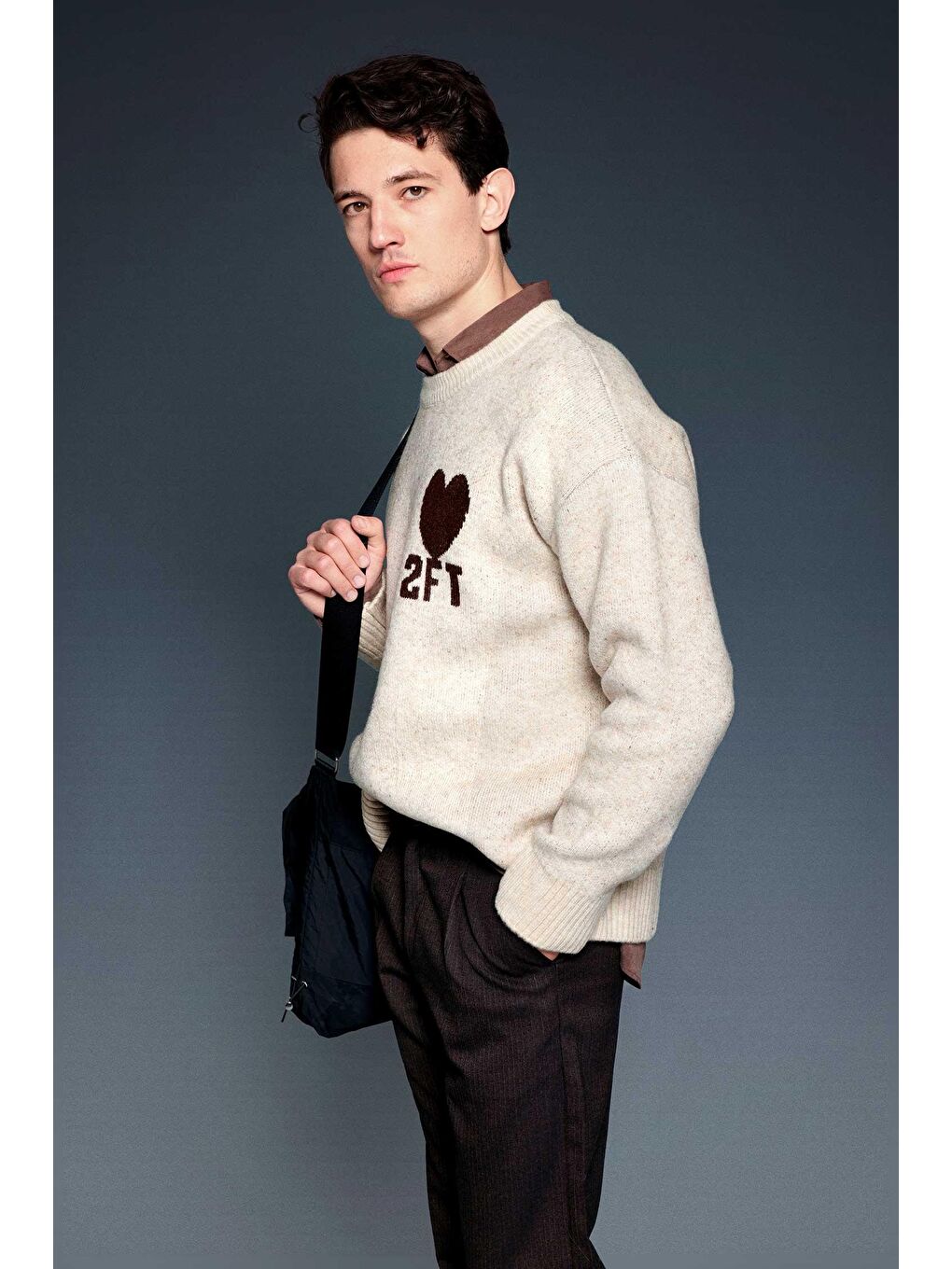 Erkek Desenli Oversize Triko Kazak Bej-1