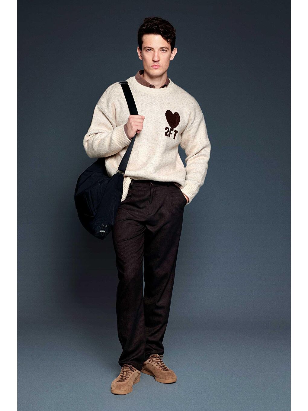 Erkek Desenli Oversize Triko Kazak Bej-2