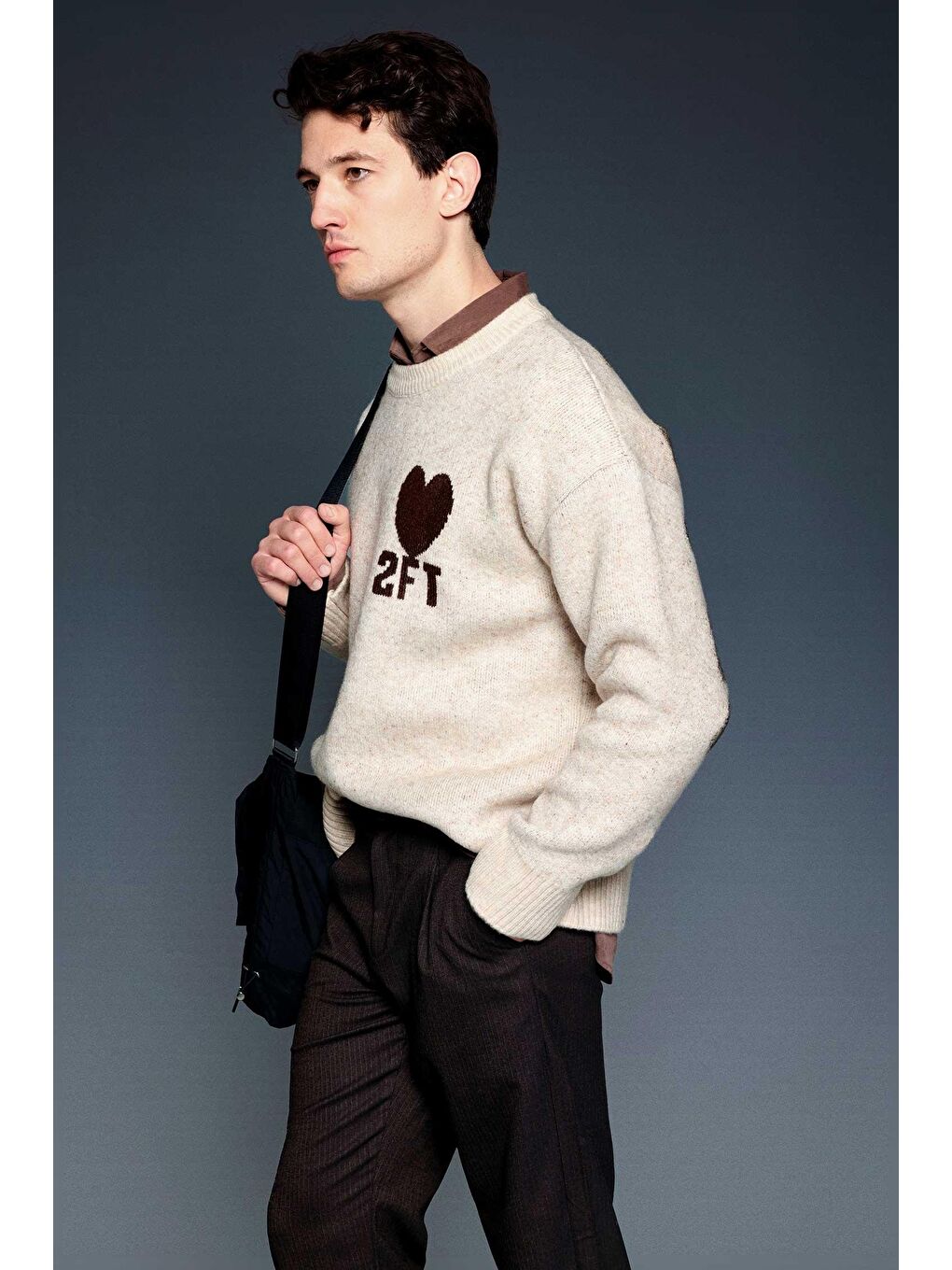 Erkek Desenli Oversize Triko Kazak Bej-3