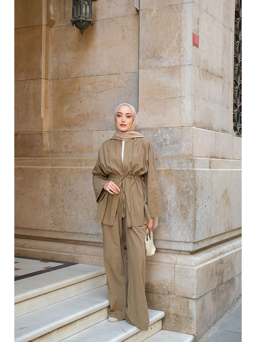 Kadın Taş Detaylı İkili Takım Haki Yeşil-1