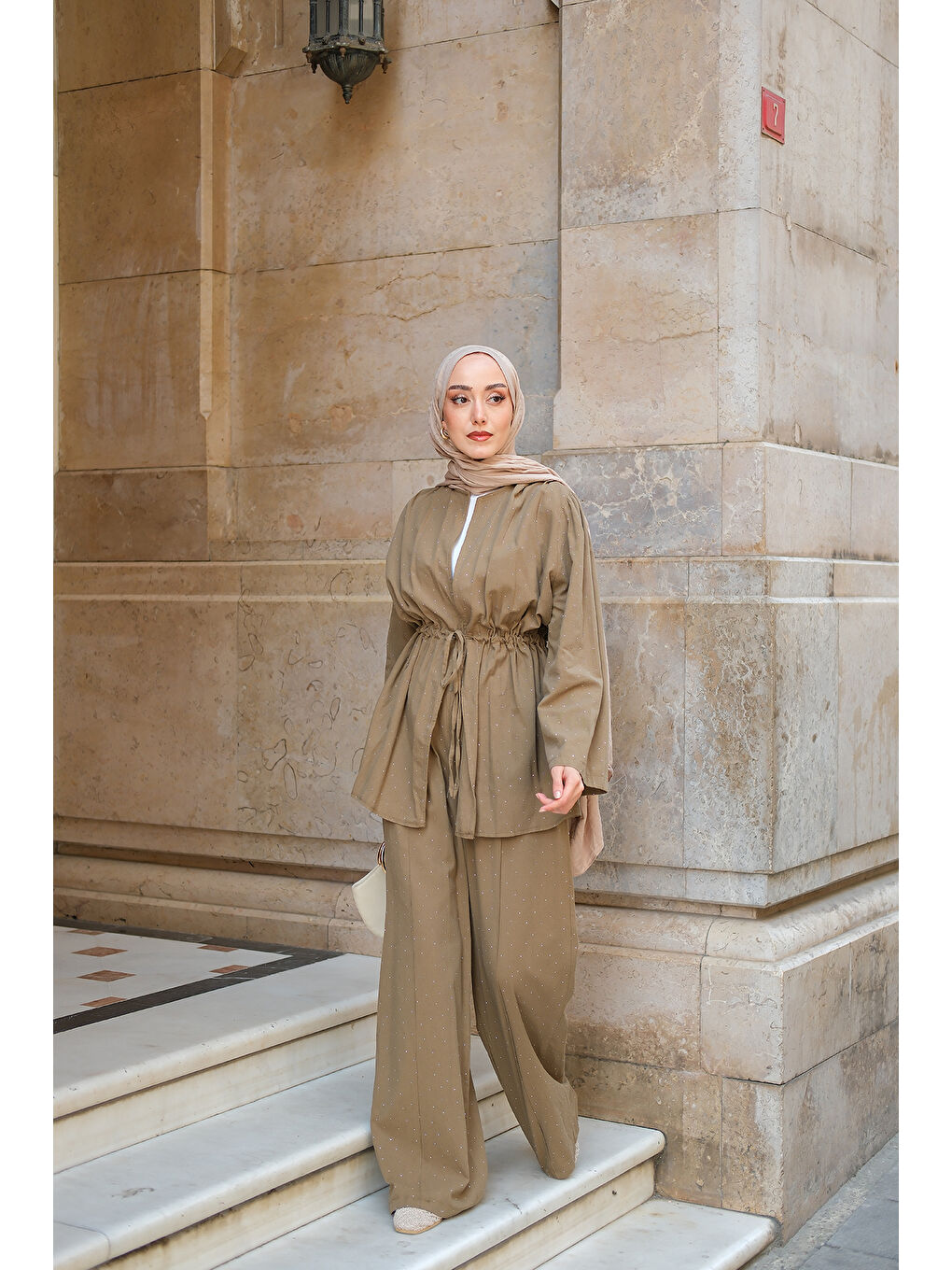 Kadın Taş Detaylı İkili Takım Haki Yeşil-3