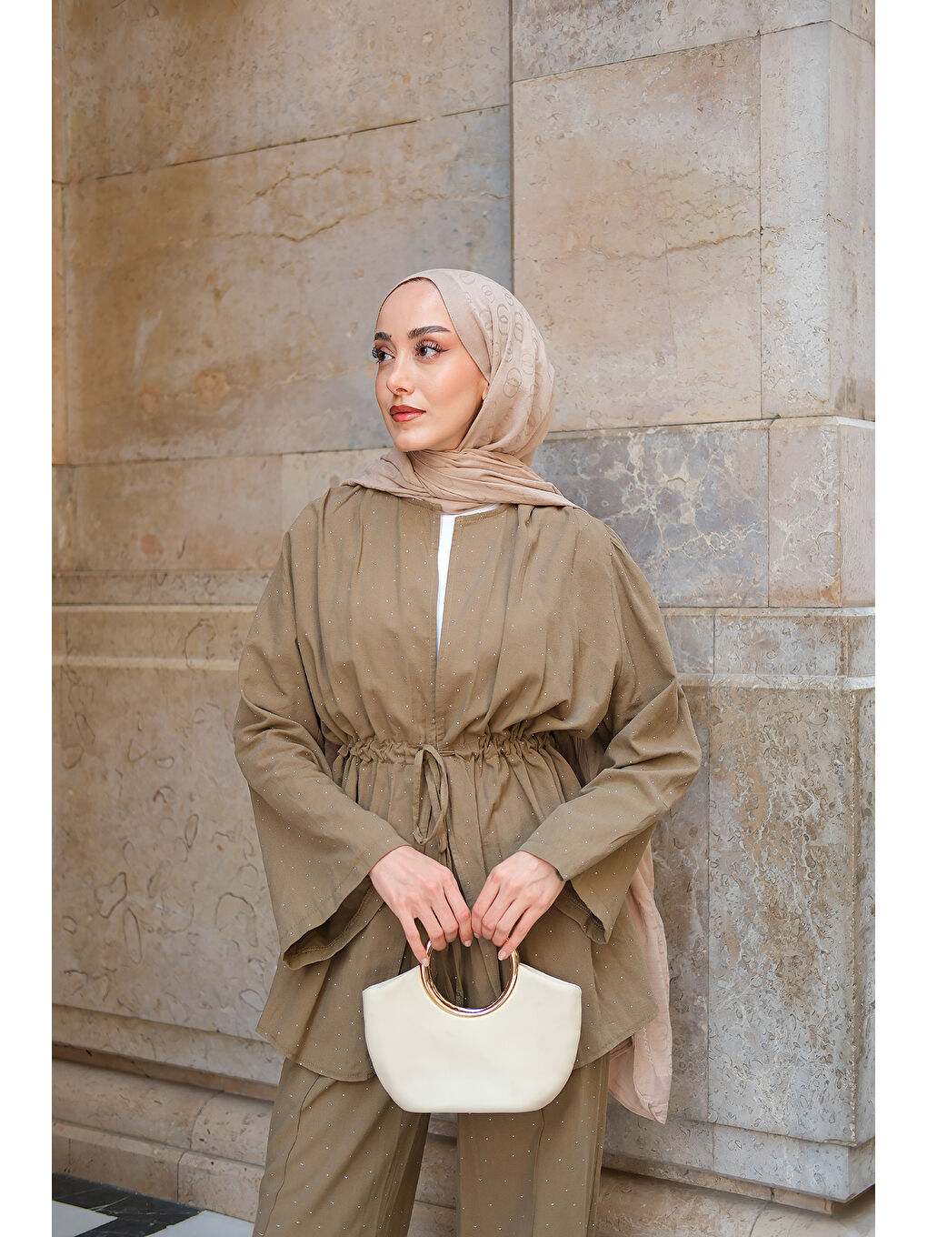 Kadın Taş Detaylı İkili Takım Haki Yeşil-4